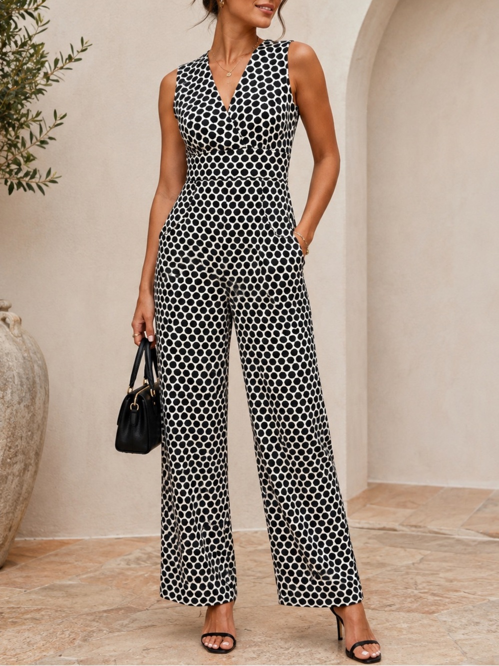 Eva Franco Masha Abstract Polka Dot Knit Jumpsuit in Black & White